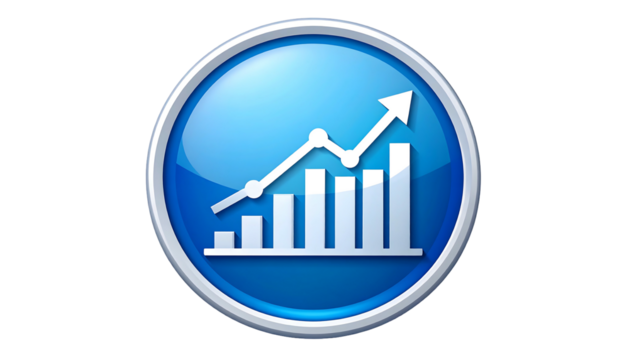 Glossy blue circular button featuring a rising bar graph and upward trending line, symbolizing growth and progress