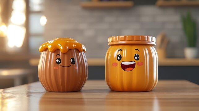Playful cartoon jars of honey and jam feature happy faces, adding a cheerful touch to any kitchen. Their colorful design brings joy and sweetness to your space.