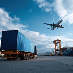 Obraz premium Cargo truck with blue container is parked at shipping port, while airplane flies overhead against cloudy sky, illustrating global logistics and transportation
