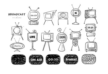 Hand‑drawn retro TV screens set in vector. Playful vintage televisions with antennas and blank displays, perfect for nostalgic broadcast themes, stickers, posters, and templates.