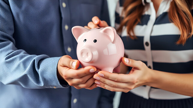 Partners holding piggy bank together, symbolizing savings and financial planning. Their hands convey trust and collaboration in managing finances