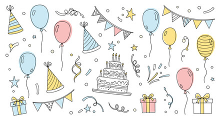 Birthday party doodle set with balloons cake gifts and bun. vector illustration