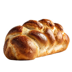 Golden-brown braided loaf of bread, slightly oblong, with a crisp crust and soft interior, possibly enriched dough