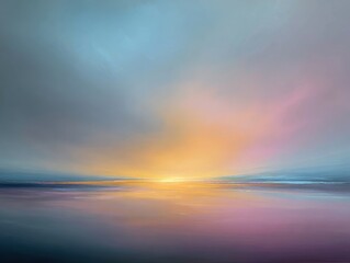 Obraz premium Serene Horizon: A breathtaking display of colors paints the sky as the sun dips below the horizon, creating a peaceful and awe-inspiring scene over the calm ocean.