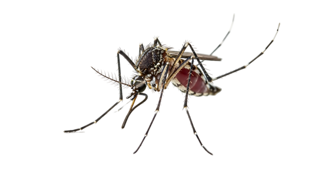 Close-up of a mosquito, segmented body, intricate veins, and splayed legs against a black background
