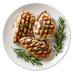 Three grilled chicken breasts, rosemary sprigs, arranged on a white plate, overhead shot