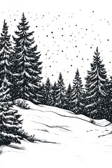 Obraz premium A detailed black and white illustration of a snowy forest scene with elegantly drawn pine trees and falling snowflakes, evoking a tranquil winter atmosphere.