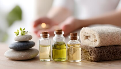 Spa oil bottles with stack stone and towel in spa