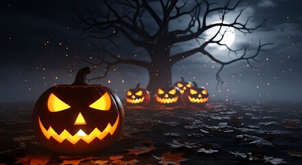 Glowing jack-o'-lanterns illuminate a mysterious Halloween night under a full moon with a haunting bare tree