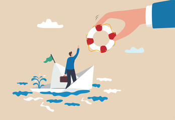 Rescue business from crisis, bankruptcy or misfortune, help, support or assistance, lifebuoy to secure in danger, survival or insurance concept, businessman help with lifebuoy on falling ship crisis.