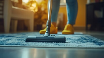 Housekeeper Replacing Vacuum Bag While Cleaning Floor in Bright and Organized Home Environment