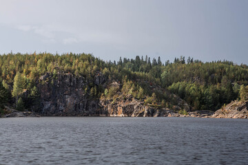 Ladoga skerries, stone islands on Lake Ladoga. Beautiful natural landscape. Republic of Karelia, Russia.