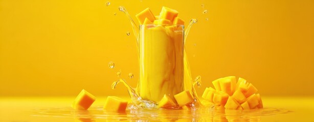 The refreshing splash of mango juice in a bright yellow setting.