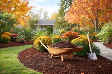 Wooden wheelbarrow with mulch and shovel in colorful autumn garden scene. Freshly mulched flower bed surrounded by fall foliage, wheelbarrow and shovel
