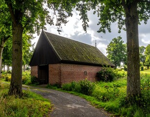 Obraz premium Rustic barn nestled in a leafy lane