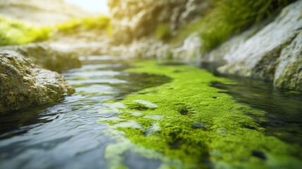 Green Algae in Water With Rocky Surface Highlighting Natural Aquatic Beauty in Scenic View