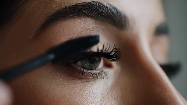 A woman applies black mascara with a brush to her long, thick eyelashes, a close-up macro shot showcasing the process of creating a dramatic eye makeup look for beauty and fashion