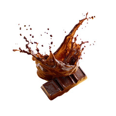 A dark chocolate bar with a splash of liquid chocolate