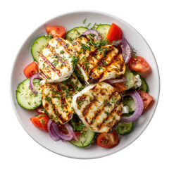 Grilled cheese rounds atop a vibrant salad of sliced cucumbers, tomatoes, and red onions, garnished with fresh herbs