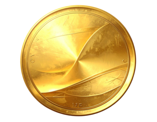 A circular, gold coin with a textured, wave-like design, numbers, and a brushed metal finish
