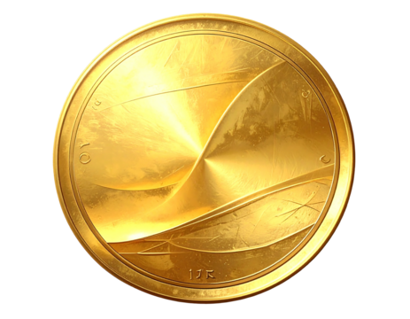 A circular, gold coin with a textured, wave-like design, numbers, and a brushed metal finish