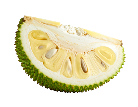 A vibrant cross-section of a jackfruit reveals its pale yellow, fleshy interior, speckled with seeds, encased within a thick, green rind