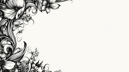 This elegant black and white floral design features intricate lines and decorative elements, perfect for creative projects, invitations, or backgrounds.