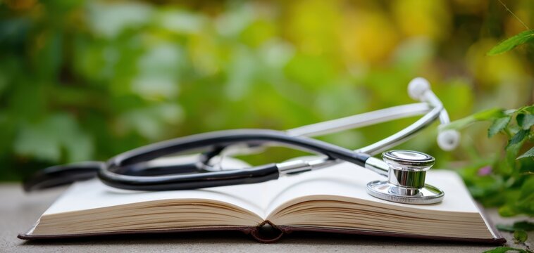 The stethoscope resting on an open book in a natural setting - Powered by Adobe