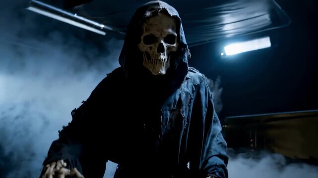 The grim reaper with a skeletal face and bony hands, dressed in a black hooded cloak, emerges from a cloud of thick smoke in the dark, representing death, horror, and halloween