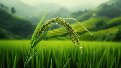 Lush green rice stalks glisten with dew drops on terraced hillsides, evoking tranquility and natural abundance in a serene agricultural landscape.