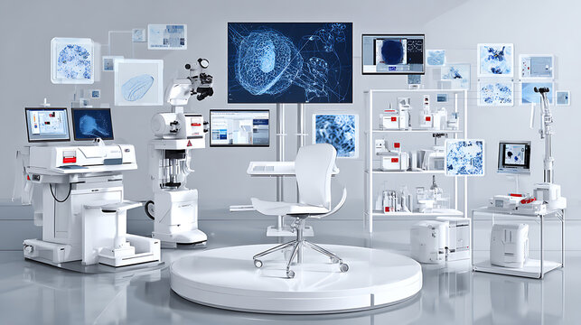 Modern laboratory setup with advanced medical equipment and digital displays