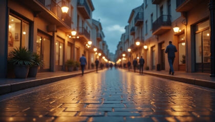 Rainy Urban Evening - Illuminated Cobblestone Street with Golden Reflections for Atmospheric Cityscape Photography, Moody Aesthetics, and Urban Exploration Content