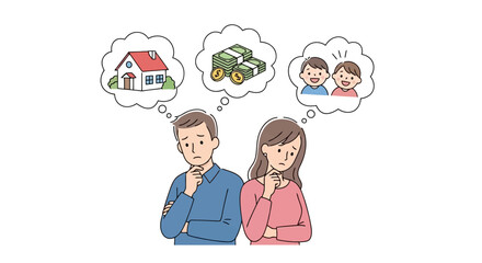 Couple thinking about buying a house, money, and having children vector design