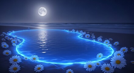 Magical Moonlit Pool Surrounded by Daisies on a Beach.