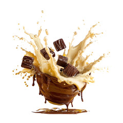 Chocolate chunks explode from a bowl of milk-chocolate-drizzled liquid, splashing outwards