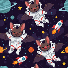 Fototapeta premium Cute astronaut bats fly happily in space with planets and rockets Fun childrens pattern