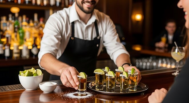 Barman serves tequila shot.