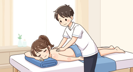 Masseur giving a back massage to a woman in a spa vector design