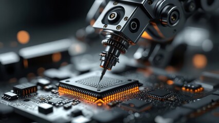 Fototapeta premium Robotic arm precisely assembling a microchip onto a circuit board