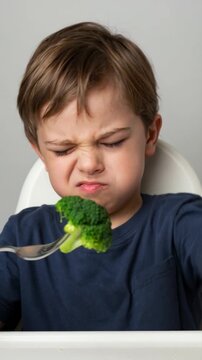 A little boy scrunches his face in disgust as he refuses to eat broccoli from a fork, illustrating the problem of picky eating, children's nutrition and a dislike of vegetables