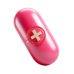 3D rendered, glossy, pink capsule pill with a white plus symbol