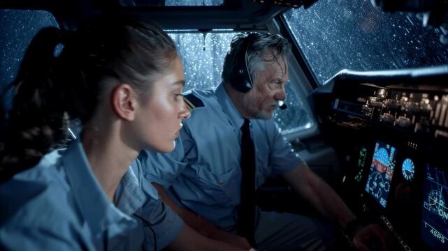 A male captain and female co-pilot navigate an airplane through a storm at night, working together in the cockpit, a concept of teamwork and crisis management in the aviation industry