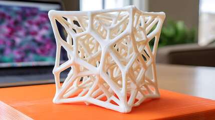 White 3D-printed geometric lattice structure on orange surface