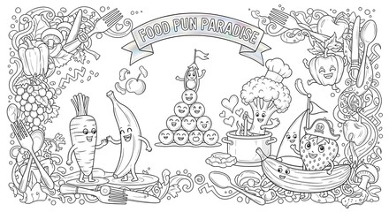 Obraz premium Doodle art coloring page, featuring anthropomorphic fruits and vegetables engaging in playful activities for kids and adults