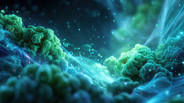 A stunning abstract image of microscopic life. Bright green cellular structures are surrounded by swirling blue light and particles, illustrating complex and beautiful biological or scientific process - Powered by Adobe