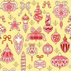 Christmas pattern with pink Christmas tree ornaments, glass shiny balls, bubbles with white bows and Art Deco-style toys on a yellow background. Flat vector boho wallpaper.