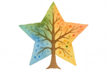 Artistic star tree showing the change of four seasons and the cycle of nature, painted as a watercolor illustration