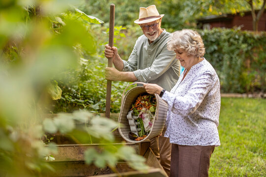Senior couple throwing vegetable scraps into a compost heap in the garden
- Powered by Adobe