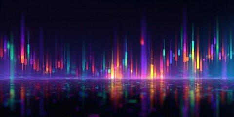 Digital stock market chart candlestick patterns with colorful laser beams on blurred stage background abstract financial trading data visualization with neon glowing effects for business presentations