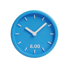 3d icon of blue clock showing eight oclock isolated on transparent background, time management